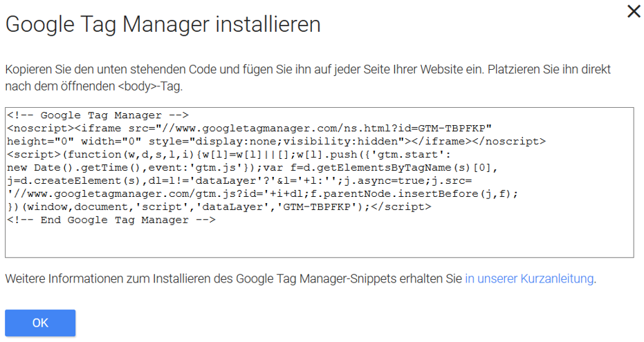 Den Google Tag Manager Code kopieren und alten Code ersetzen